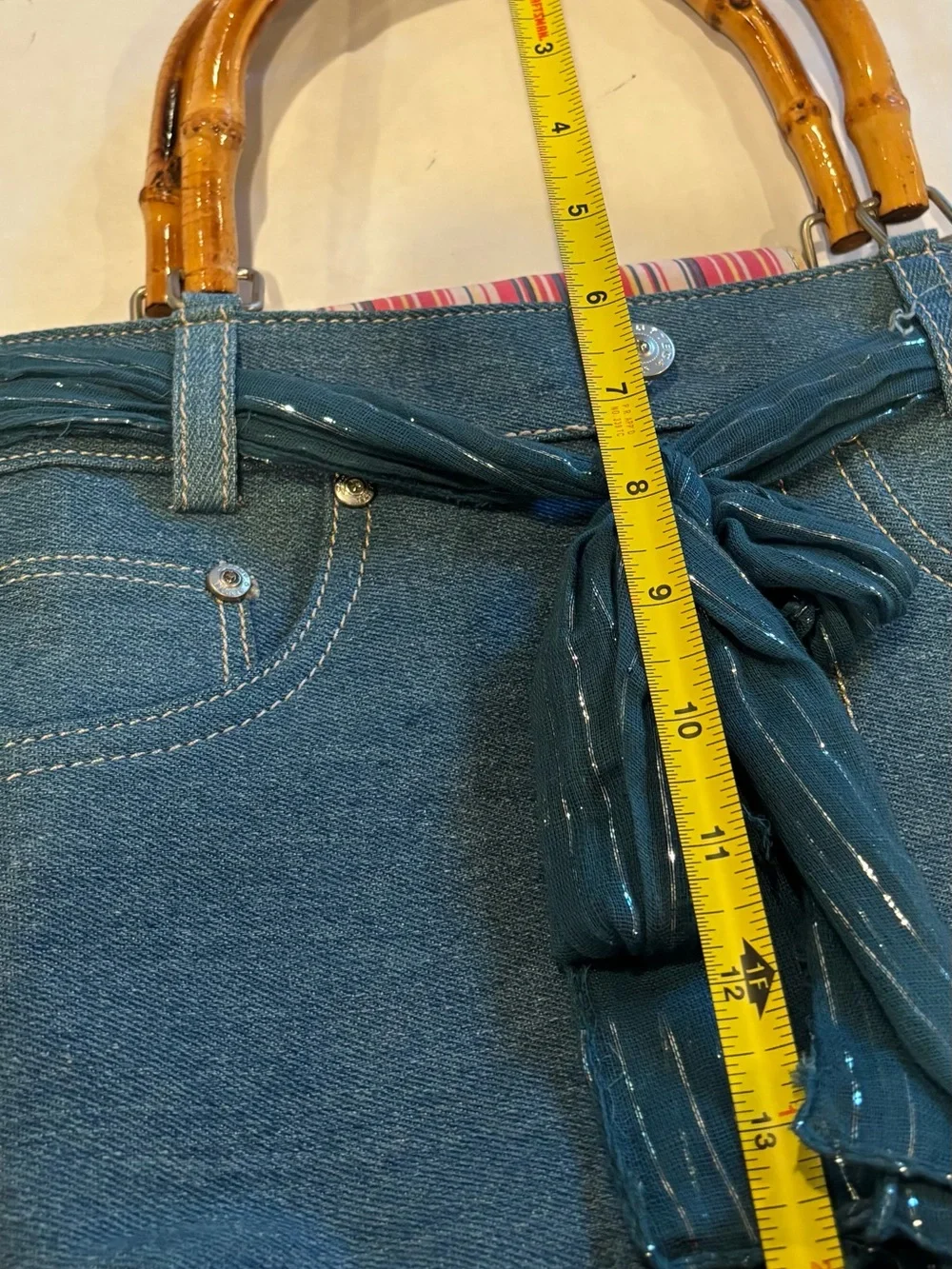 Bottega Blu Blue Denim Tote with Bamboo Handles and Tie Accent